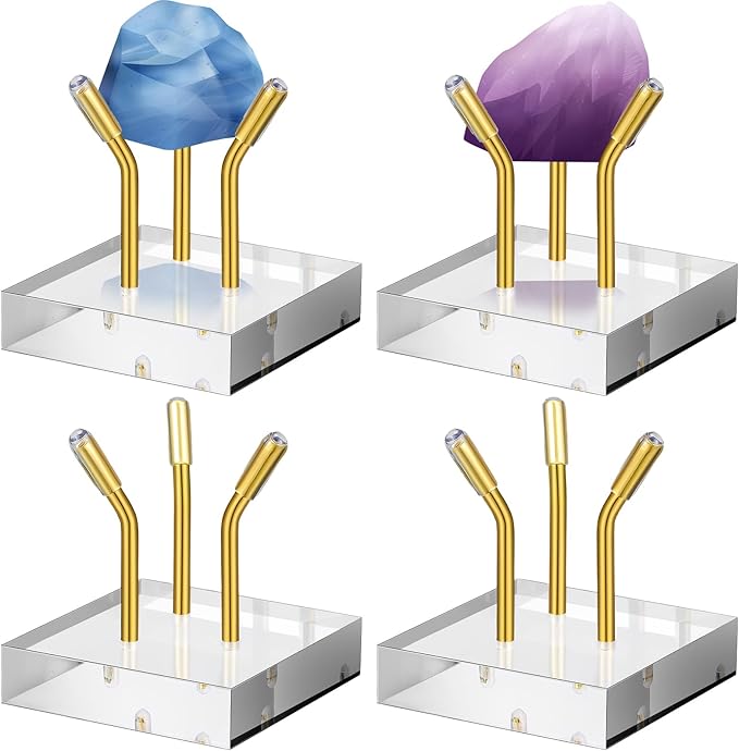 Weysat 4 Pack Clear Acrylic Display Stand, Metal 3 Peg Rock Display Easel Stands for Fossil Coral Crystal Geodes Rock Mineral Agate Small Collectibles Acrylic Holder(1.6”x1.6”x1.6”,Gold)