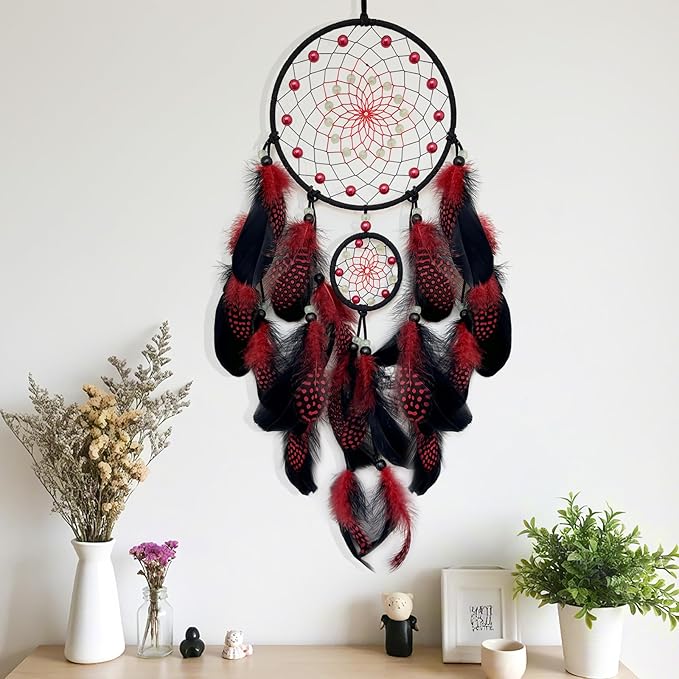 Red and Black Dream Catcher Wall Decor Feather Dream Catchers with Luminous Bead Handmade Dreamcatcher Wall Hanging Ornament for Bedroom Living Room Home Decor