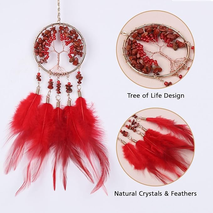 Pretty Jolly Small Tree of Life Crystal Stone Dream Catchers Red Feathers Mini Dreamcatchers for Cars Rear View Mirror Hanging Decoration Good Luck Travel Charm Bedroom Ornaments for Women Girls