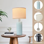Reaketon 20.5" Modern Ceramic Table Lamps for Bedroom Set of 2, Bedside Lamps for Night Stands with Beige Lampshade, Farmhouse Table Lamp for Living Room Office Dorm, Sky Blue