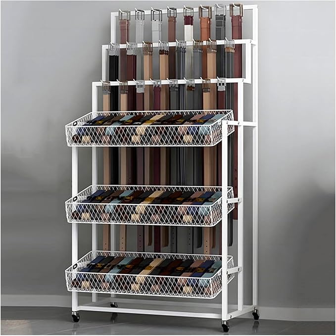 Heavy Duty Belt Display Stand, Metal Belt Rack with 360° Rolling Wheels, Multi-Functional Accessory Display for Belts/Scarves/Wallets, Retail Belt Organizer for Store/Closet/Boutique