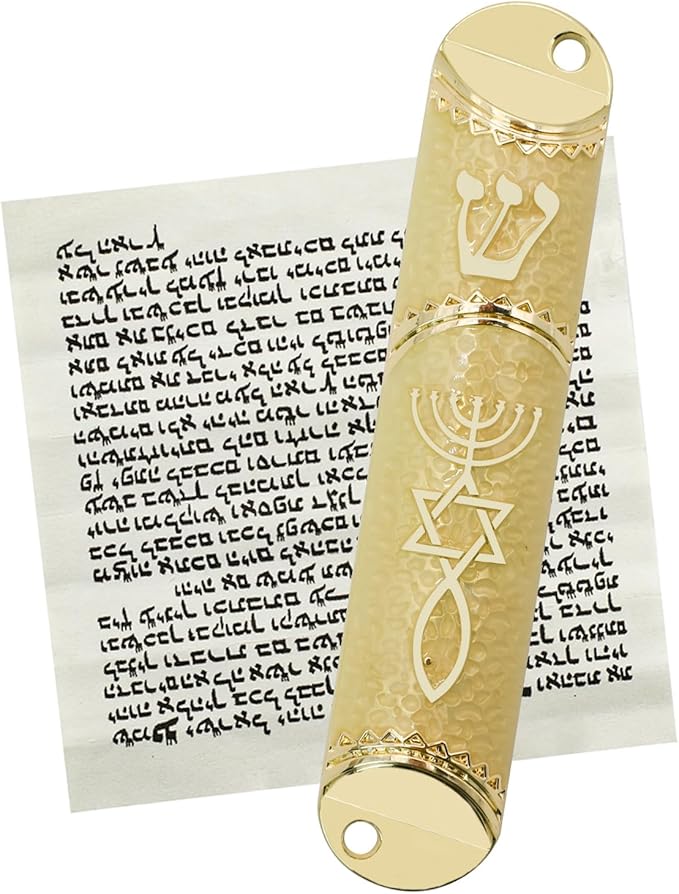 Mezuzah with Scroll for Door, Metal Mezuzah Case with Messianic Seal for Hebrew Home Blessing, Jewish Gifts, Jewish House Warming Decor, Christmas, Easter (Beige)