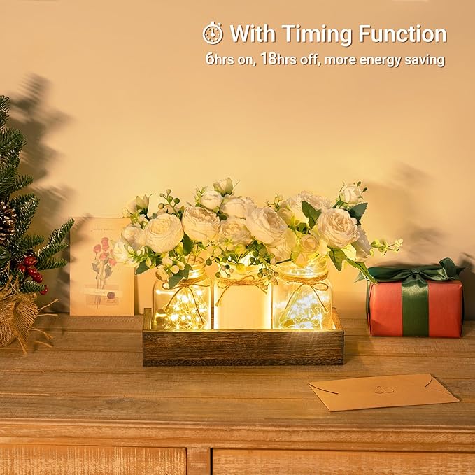 Mkono Mason Jar Lights Centerpiece Table Decor for Dining Room Farmhouse Wood Tray with 3 Jars Flowers Valentines Day Decoration for Coffee Table Kitchen Living Room Wedding