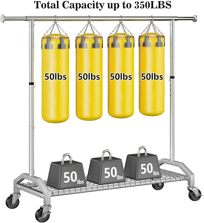 Clothes Rack for Hanging Clothes 350lbs Heavy Duty Clothing Rack 51 to 71" W x 16.53" D x 65" to 71" H Adjustable Rolling Clothes Rack Coat Rack Garment Rack 3" industrial Wheels Silver