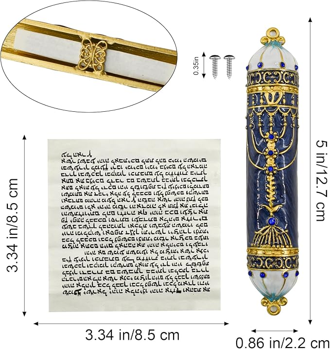 Mezuzah with Scroll for Door, Enamel&Zinc Alloy Blessing Mezuzah Case for Door, Colored Painted Mezuzha Scroll Kosher for Jewish Gifts/Jewish Decor, Christmas (Blue, 5 * 0.86 in)