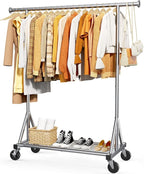 Heavy Duty Stainless Steel Rolling Clothes Rack with Mesh Shelf, Lockable Wheels & Anti-Slip Stoppers, Large Capacity Clothing Organizer for Bedroom, Laundry Room, 42.5" x 16.5" x 65.9", Silver