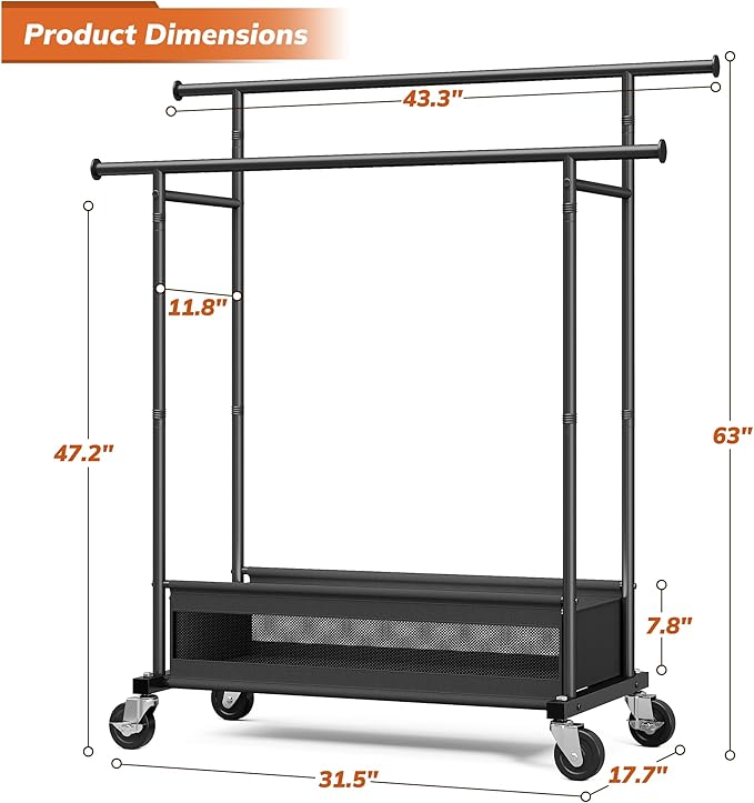 Clothes Rack, Double Rods Clothing Rack, Clothing Racks for Hanging Clothes, Rolling Clothes Rack with Storage Basket & Heavy Duty Wheels, Garment Rack for Bedroom, Laundry Room, Black