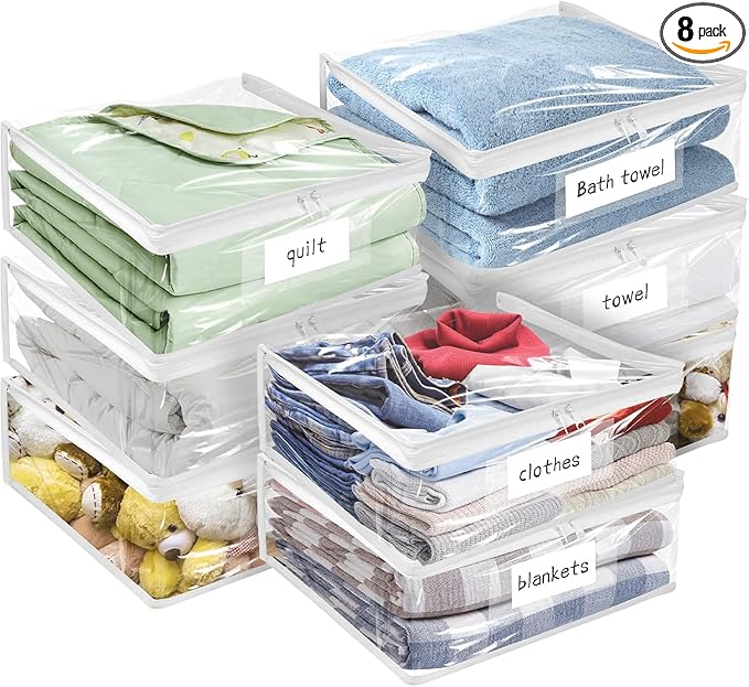 Plastic Storage Bags with Easy-Glide Zipper, Pack of 8, Durable Clear Vinyl Zippered Storage Bags for Clothes Sweaters Comforters Blankets Sheets Bedding (18 x 15 x 9 Inch)