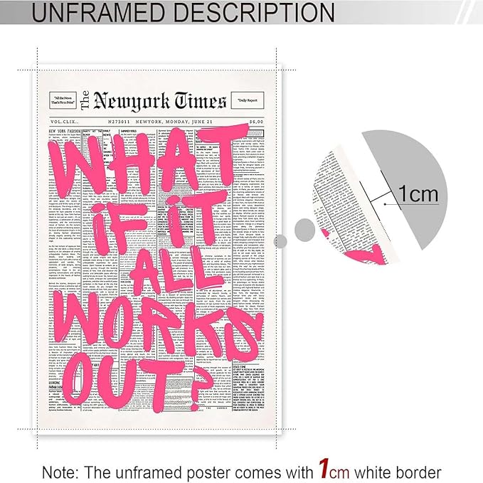 Drimiler Retro Newspaper Pink Font Poster What If It All Works Out Canvas Wall Art Positive Affirming Quote Minimalist Prints Painting For Home Bedroom Dorm Wall Decor 8x12in Unframed