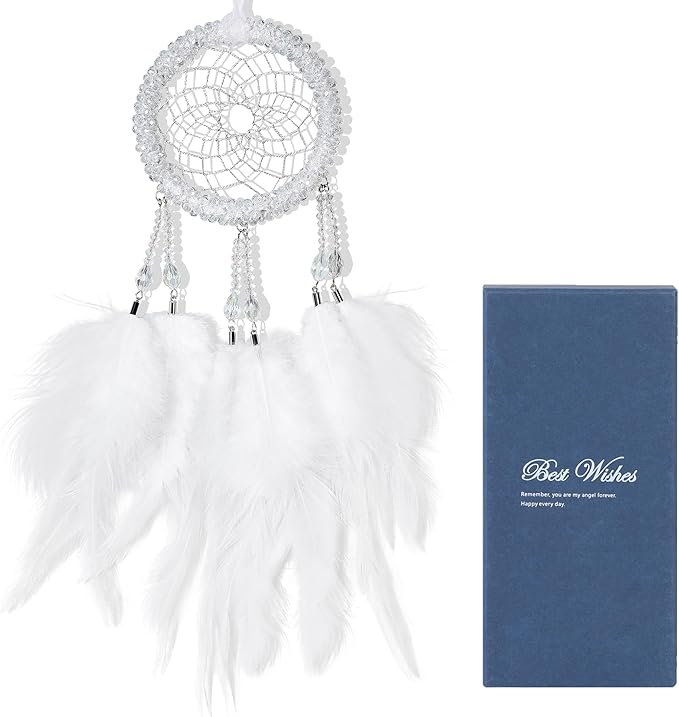 Luxury Dream Catchers - White Rooster Feather with Crystal Diamond, Lace Lanyard, Handmade Small Dreamcatcher for Bedroom, A Dream Catcher for Girls, Dream Catchers for Boys, Dream Catcher Wall Decor