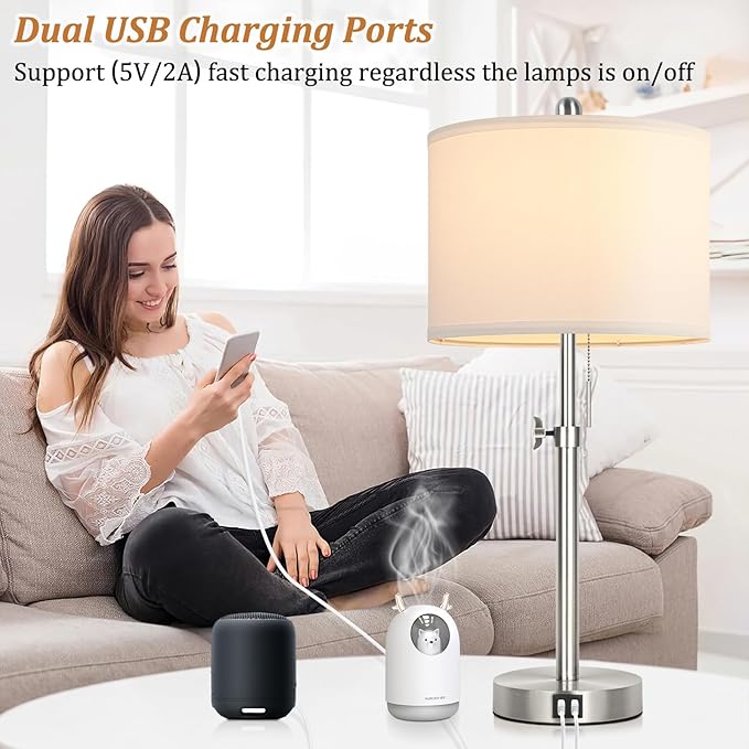 Kondras Table Lamp Set of 2 for Bedroom, Bedside Lamp with 2 USB Ports, 23" to 30" Height Adjustable Tall Table Lamp for Living Room End Tables, Modern Silver Nightstand Lamp with Pull Chain