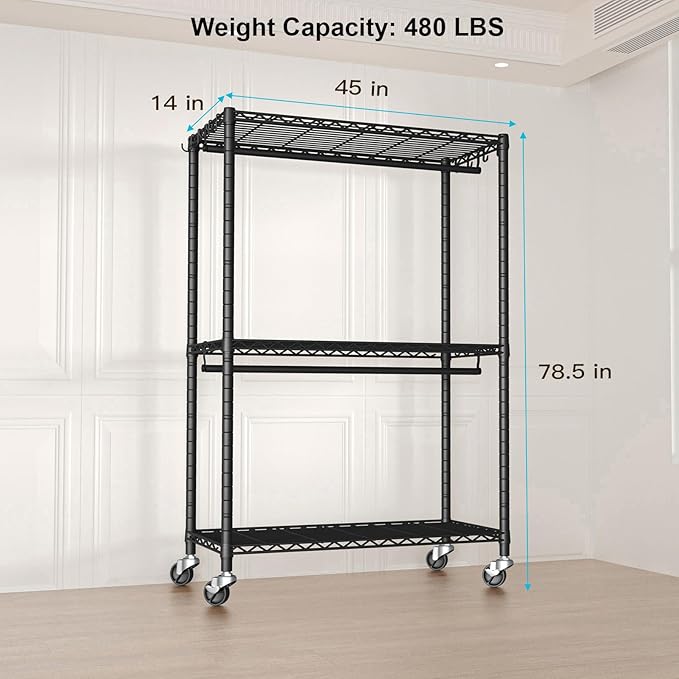 FUTASSI P3 Plus Rolling Clothes Rack, Clothing Racks for Hanging Clothes, Heavy Duty Garment Rack with Wheels, Freestanding Portable Closet Rack 45" W x 14" D x 78.5" H, Max Load 480 LBS, Black