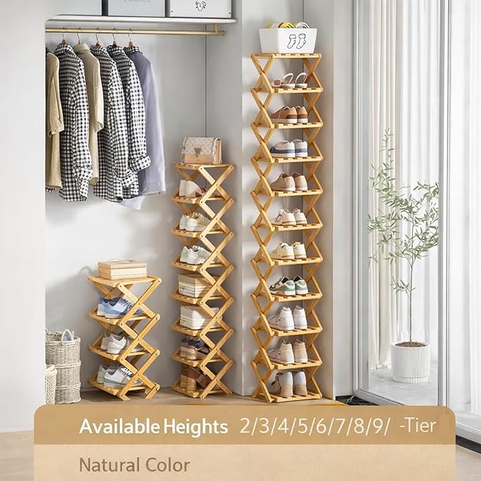 The 9-Tier No-Assembly Bamboo Rack, Folding Bamboo Shoe Rack Organizer with Collapsible Vertical Design, Space-Saving & No-Tool Assembly, for Entryways,Corners,Bedrooms,Balconies (Yellow,3)