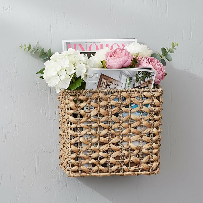 Magazine Holder Metal Frame Woven Wall Basket Hanging Magazine Storage Mail Organizer Rack for Entryway Office Bathroom Laundry Room Kitchen Home Decor Small Spaces Apartment Living Room Hallway