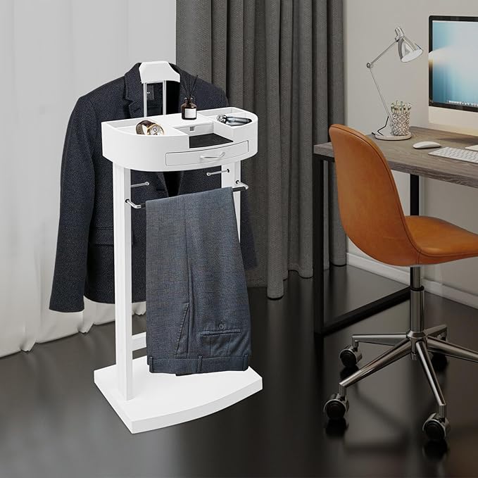 Wood Suit Valet Stand, Valet Stand for Men with Tray and Anti-slip Trouser Rack, Mens Valet Stand for Office, Living Room, Bedroom, White