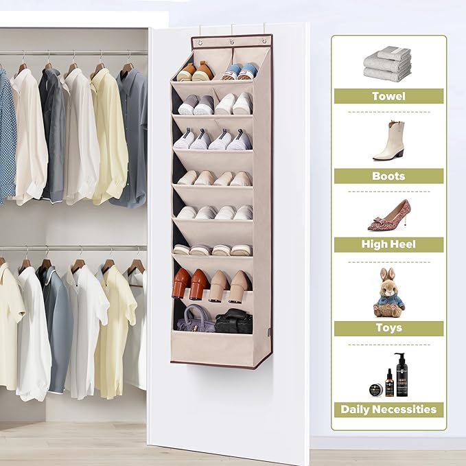 2 Pack Shoe Organizer with 6 Extra Large Pockets and 4 Large Pocket, Over the Door Sturdy Closet Storage Rack, Hanging Shoe Organizer for Shoes, Sneakers, Beige