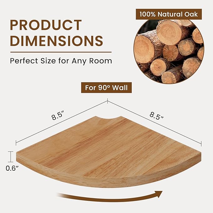 Fun Memories Corner Shelf Wall Mount Set of 2 - Solid Oak Wood Floating Corner Shelf with Cable Hole, 8.5in Rustic Design for Bedroom, Living Room, Kitchen (Natural)