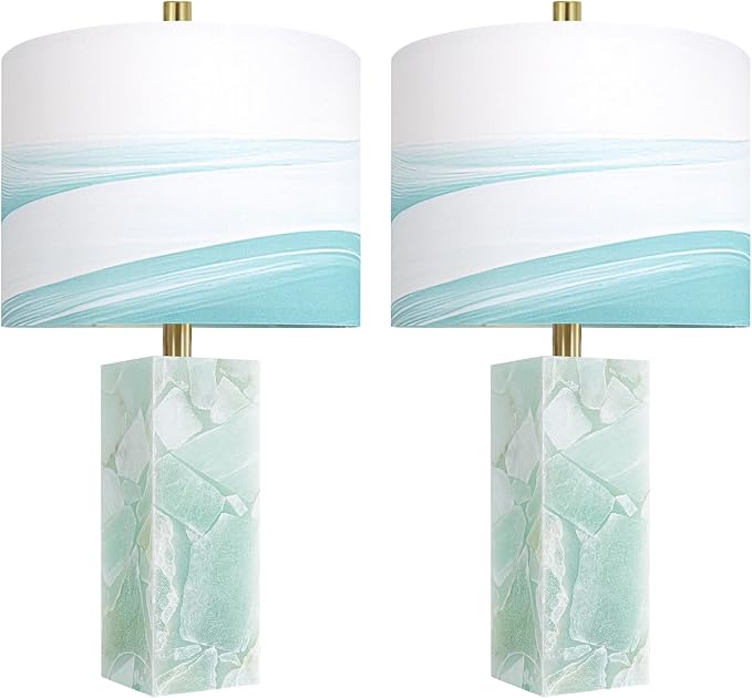 Scenekoy 23" Alabaster Table Lamp Set of 2 with Night Light for Bedroom Living Room, Rotary Switch, Blue Table Lamp with Linen Shade, Modern Nightstand Lamps for Room Bedside Bedroom (Bulb Included)