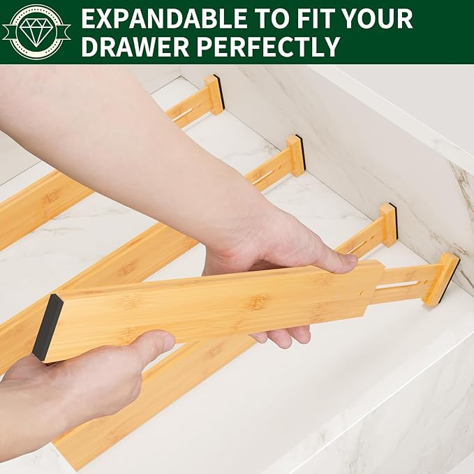 6 Pack Bamboo Drawer Dividers 2.6" High,Adjustable Spring Loaded Clothes Drawer Organizers for Kitchen, Dresser, Bathroom, Bedroom and Office