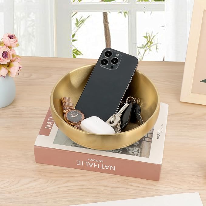 7.4 Inches Key Bowl for Entryway Table Decorative Bowl Key Dish for Organizing Tabletop Catch All Gold Fruit Bowls for Kitchen Counter, Coffee Table