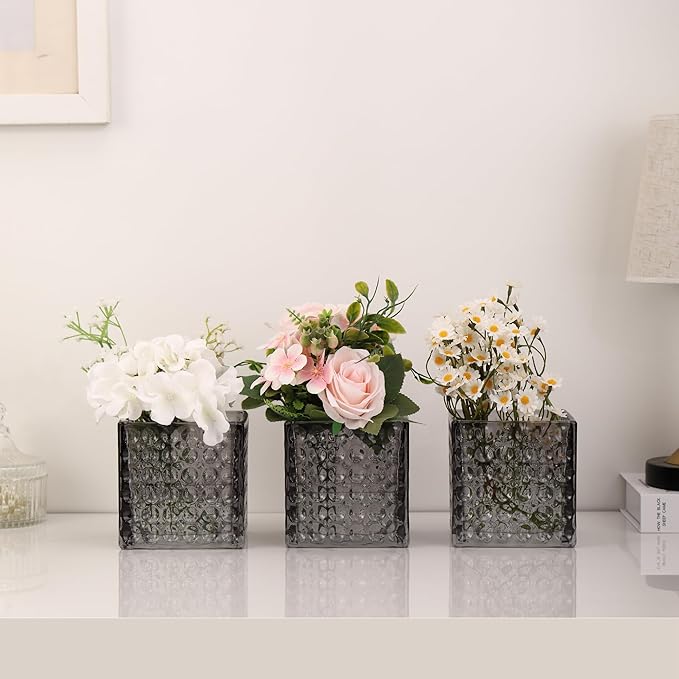 Square Vases Set of 6, 5" x 5" x 5" Square Glass Vases for Flowers, Black Flower Vase for Centerpieces, Small Bubble Vase for Wedding, Party, Home, Office, Parties, Events