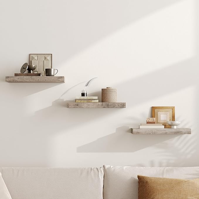 RALGEND Floating Shelves for Wall, 1.5" Thick Wall Shelf Set of 3 with Invisible Brackets, 15.7L x 7.9W Hanging Book Shelves Farmhouse Home Decor for Bathroom, Living Room, Bedroom, Greige 4301BJP3BG