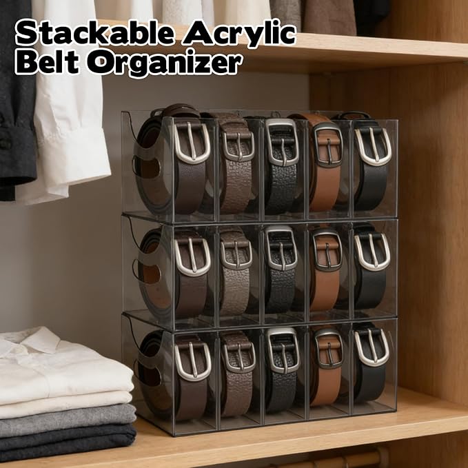 3 Pack Acrylic Belt Organizer Clear Stackable Belt Storage Holder Purse Organizer for Closet - 5 Compartments with Removable Dividers,Display Case Pantry Cabinet Organizers for Ties,Socks,Grey