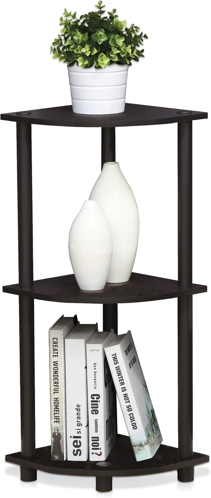 Furinno TURN-N-TUBE Corner Shelf, 3-Tier Corner Bookshelf, Display Storage Shelves with Open Shelves, for Organization and Storage, Living Room, Home Office, Garage, Dark Walnut