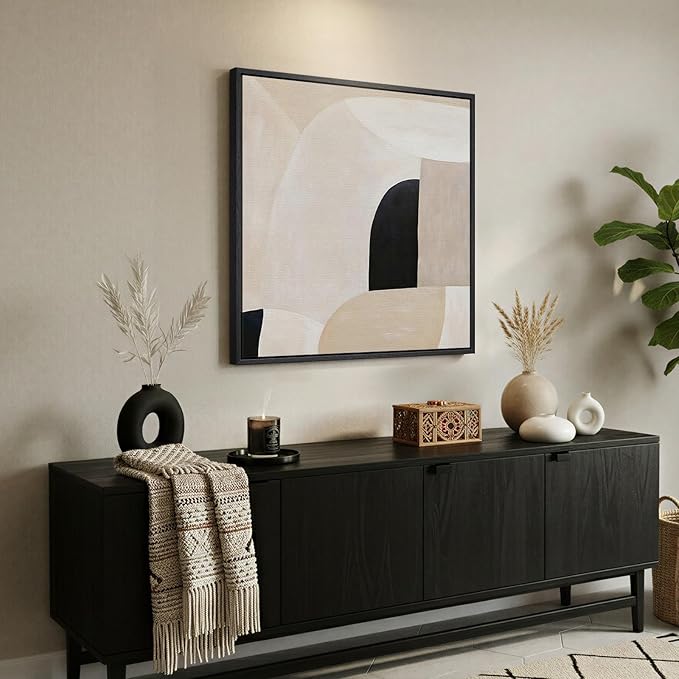 Framed Square Neutral Abstract Room Decor Wall Art, Minimalist Beige Geometric Canvas Artwork for Walls, Mid Century Modern Arch Painting Print for Living Room Bedroom Hallway Wall Decor, 24x24 Inch