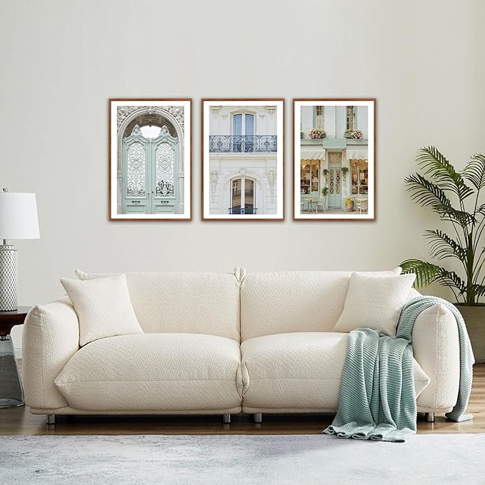 KAlRNE Vintage European Architecture Wall Art Set of 3(16’’X24’’),Framed Pastel Parisian Canvas Prints,Mediterranean Coastal Scenery Decor,Neutral French Italian City Pictures for Living Room Bedroom