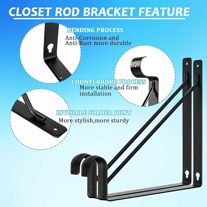 4 Pack Heavy Duty Closet Shelf and Rod Brackets 300lbs, 11 x 11 Inch Wall Mounted Closet Shelves Bracket with Rod Shelving Support, Black Closet Pole Holder Bracket with Screws