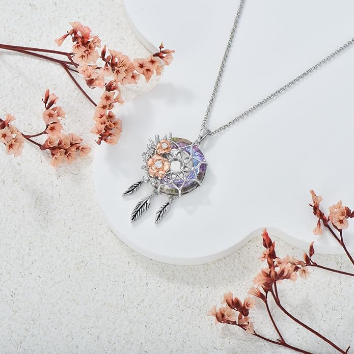 Dream Catcher Crystal Pendant Flower Urn Necklace Jewelry 925 Sterling Silver Keepsake Cremation Necklaces for Human Pet Ashes for Women