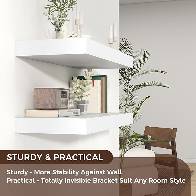 Venusmiles Floating Shelves for Wall, 40" W x 12" D x 2" H, 2 Pack of Long Wall Mounted Engineered Wood Shelves with Invisible Brackets for Living Room, Bedroom, Bathroom, Kitchen Decor, White