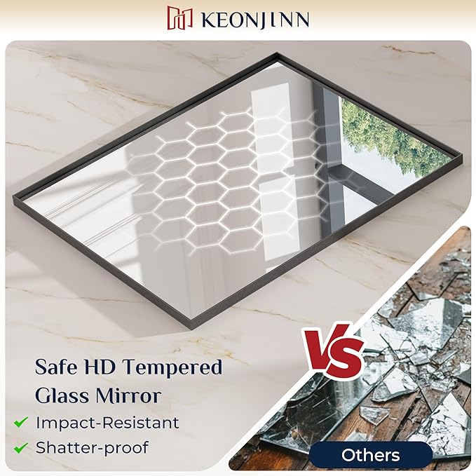 Keonjinn Black Bathroom Mirror 22 x 30 Inch, Brushed Black Framed Mirror for Over Sink, Rectangle Wall Vanity Mirrors with Square Corner, Alumium Frame, Modern Farmhouse Style