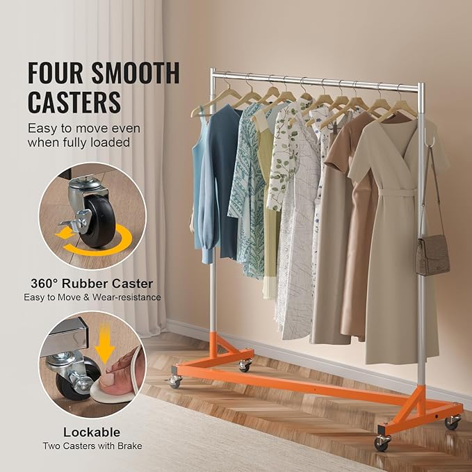 VEVOR Z Rack, 300 lbs Industrial Grade Z Base Garment Rack, 24" x 63" x 71" Clothes Rack, Sturdy Steel Heavy Duty Clothing Rack w/Lockable Casters for Home Garment Store Orange