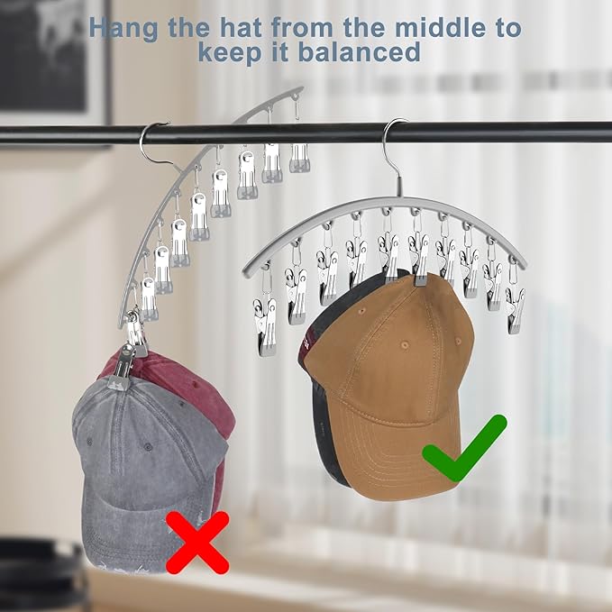 Hat Hangers for Closet, Metal Hat Organizer for Baseball Caps 2 Pack Door Hat Racks for Baseball Caps w/ 10 Large Clips, Baseball Cap Hangers for Closet Storage, Fits All Caps