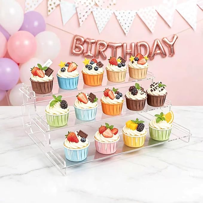 Clear Acrylic Display Risers – 3-Tier Shelf Stand for Cupcakes, Perfume, Figures, Collectibles & Desserts – Decorative Organizer for Party, Vanity, or Retail Display(Large)