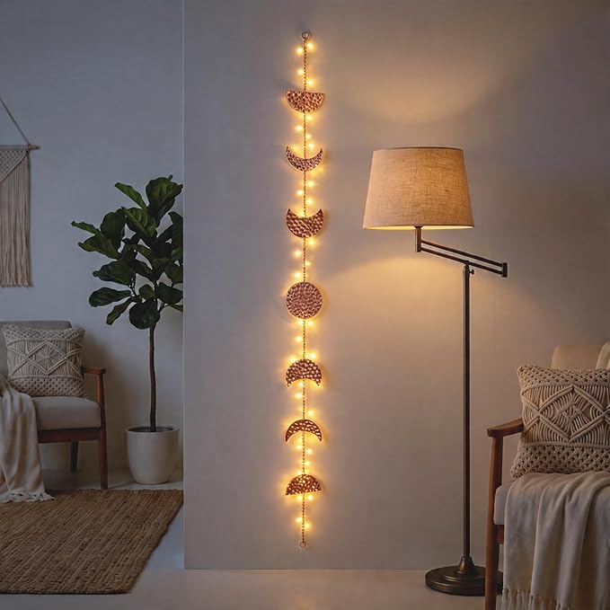 opulinea 32 Inch Hammered Rose Gold Moon Phase Metal Wall Decor with LED String Lights, Celestial Hanging Wall Sculpture, Boho Lunar Wall Art for Bedroom, Living Room, Bathroom, Apartment