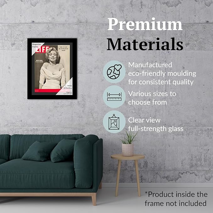 Creative Picture Frames 12.5 x 16 Magazine Frame with Full-Strength Glass, Holds Up To A 1/4" Thick Media with Installed Hangers for Easy Mounting, 14x18 Black Frame with Black Mat
