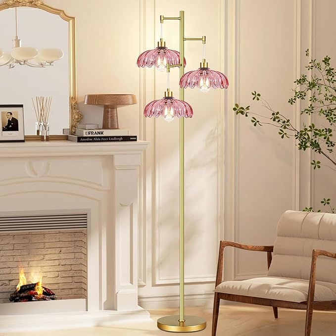 QIYIZM Pink Floor Lamp for Living Room,Bedroom,Gold Mid Century Modern Standing Lamp Brass Tree 3 Light Tall Floor Lamps Vintage Retro Floor Lights Glass Flower Lamp Shade Farmhouse Boho Bohemian