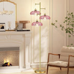 QIYIZM Pink Floor Lamp for Living Room,Bedroom,Gold Mid Century Modern Standing Lamp Brass Tree 3 Light Tall Floor Lamps Vintage Retro Floor Lights Glass Flower Lamp Shade Farmhouse Boho Bohemian