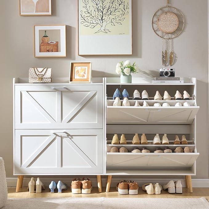 LEYAOYAO Shoe Storage Cabinet with 2 Flip Drawers，Narrow Shoe Storage Cabinet Organizer with Legs for Entryway Hallway, Living Room, Bedroom，Hidden Slim Storage Narrow Shoe Rack Cabinet,White