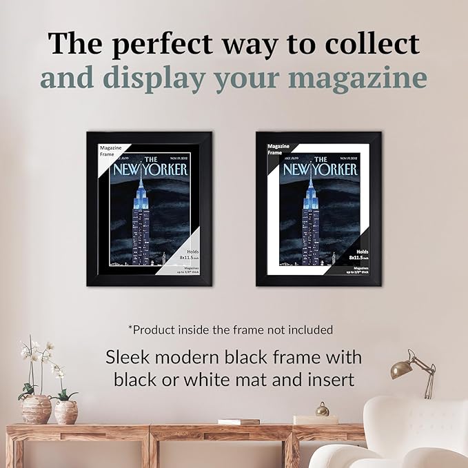 Creative Picture Frames 8 x 11.5 Magazine Frame with Full-Strength Glass, Holds Up To A 1/4" Thick Media with Installed Hangers for Easy Mounting, 11x14 Black Frame with Black Mat