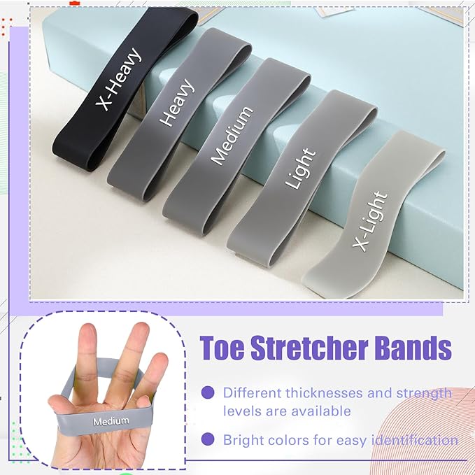 Set of 5 Toe Stretcher Band Separator Spacer Bunion Correction Hallux Valgus Alignment Foot Stretcher Straightener Resistance Loop Yoga Exercise Foot Care with Carry Bag(Grey)