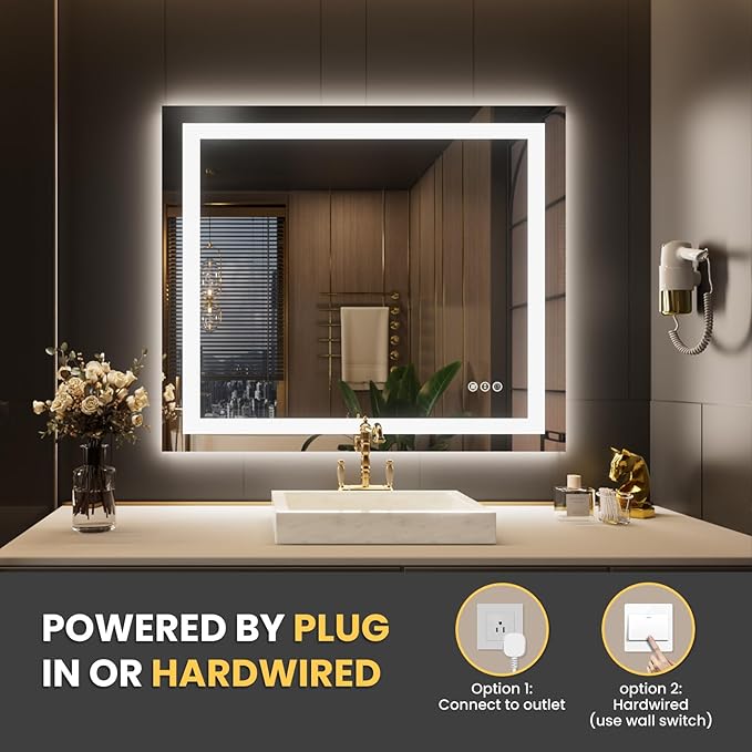 LOAAO 30"x38" LED Bathroom Mirror with Lights, Anti-Fog, Dimmable, Backlit + Front Lit, Lighted Bathroom Vanity Mirror for Wall, Memory Function