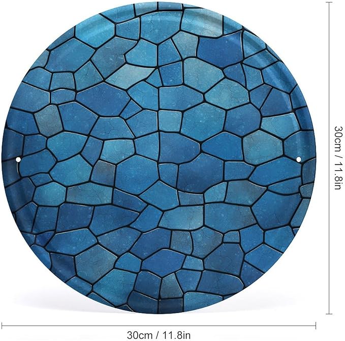 Wall Picture, with Blue Tile Pattern Printed Circular Iron Hanging Picture,Wall Art Decor,Home for Bedroom Living Room Bathroom Decor,Iron Painting 11.8X11.8 in