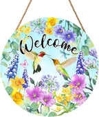 Welcome Spring Summer Hummingbird Front Door Sign Decor 12"x12" Spring Floral Flowers Wood Door Hanger for Outdoor Outside Porch Seasonal Farmhouse Wooden Wreath Wall Hanging Sign for Home Yard