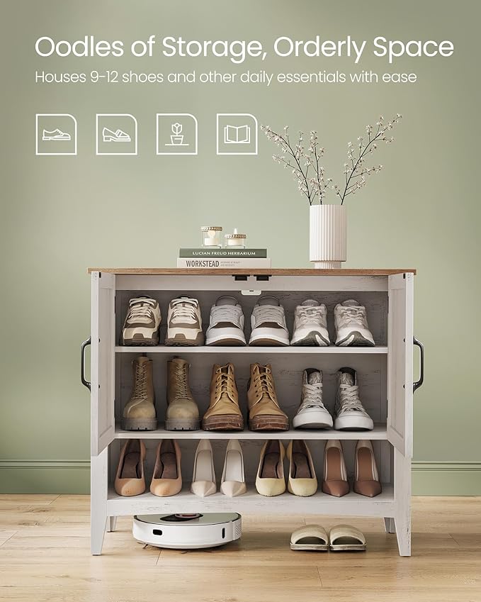 VASAGLE LIRY Collection - Shoe Cabinet, 3-Tier Storage Organizer, Shoe Shelf, Farmhouse Freestanding Cabinet, Height-Adjustable Shelf, 13.8 x 31.5 x 27.6 Inches, Rustic White ULBC038W01