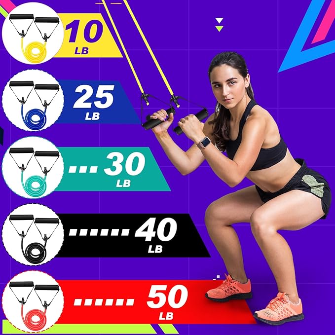 Leyndo 5 Pcs Exercise Resistance Bands with Handles Physical Resistance Tube Workout Bands with Door Anchor for Men Women Muscle Toning Strength Training