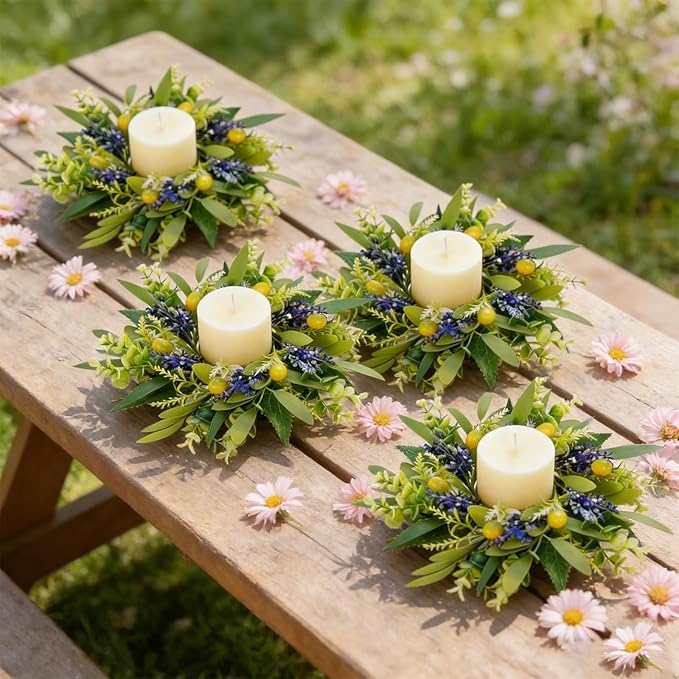 6 PCS Green Eucalyptus Olive Swag Wreaths for Pillars Spring Summer Greenery Kitchen Cabinet Wreaths Mini Green Boxwood Leaves Wreath with Ribbon for Front Door Porch Wall Window Farmhouse Decoration